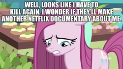 Size: 1920x1080 | Tagged: safe, edit, edited screencap, screencap, pinkie pie, earth pony, pony, g4, yakity-sax, caption, documentary, female, image macro, imminent death, imminent murder, implied murder, mare, netflix, pinkamena diane pie, sad, serial killer, solo, text, this will end in death
