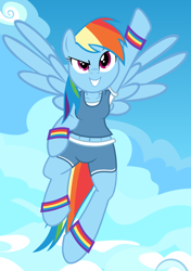 Size: 1200x1700 | Tagged: safe, artist:flash equestria photography, rainbow dash, pegasus, anthro, unguligrade anthro, g4, arm hooves, belly, belly button, breasts, busty rainbow dash, female, flying, grin, semi-quad, smiling, solo, sports outfit, sweatband, vector