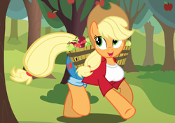 Size: 1700x1200 | Tagged: safe, artist:flash equestria photography, applejack, earth pony, anthro, unguligrade anthro, g4, apple, apple tree, arm hooves, breasts, busty applejack, chestbreasts, female, looking sideways, open mouth, open smile, quadrupedal, quadrupedal chest boobs, semi-quad, smiling, solo, tree, vector