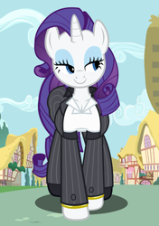 Size: 1200x1700 | Tagged: safe, artist:flash equestria photography, rarity, unicorn, anthro, unguligrade anthro, g4, arm hooves, breasts, business suit, busty rarity, clothes, female, horn, looking sideways, quadrupedal, quadrupedal chest boobs, semi-quad, smiling, solo, vector