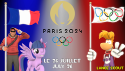 Size: 1920x1080 | Tagged: safe, artist:lancescout, twilight sparkle, alicorn, human, pony, g4, 3d, flag, flag background, flag pole, france, french, limbless, olympic games, olympic games flag, olympic rings, paris 2024, rayman, scout, source filmmaker, team fortress 2, twilight sparkle (alicorn)