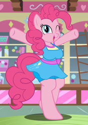 Size: 1200x1700 | Tagged: safe, artist:flash equestria photography, pinkie pie, earth pony, anthro, unguligrade anthro, g4, arm hooves, bipedal, breasts, busty pinkie pie, female, one eye closed, open mouth, open smile, semi-quad, smiling, solo, sugarcube corner, vector, wink