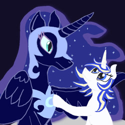 Size: 1000x1000 | Tagged: safe, artist:silverfishv9, nightmare moon, oc, oc:azure star (silverfishv9), alicorn, pony, unicorn, g4, armor, blue mane, duo, female, highlights, horn, jewelry, looking at each other, looking at someone, moon, mother and child, mother and daughter, parent:princess luna, regalia, unicorn oc, white coat, wings