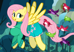 Size: 1700x1200 | Tagged: safe, artist:flash equestria photography, fluttershy, bird, pegasus, anthro, unguligrade anthro, g4, arm hooves, breasts, busty fluttershy, female, flying, quadrupedal chest boobs, semi-quad, solo, tree, vector, water, waterfall