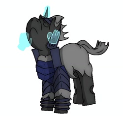 Size: 1040x980 | Tagged: safe, artist:thomas.senko, oc, oc only, oc:captain black lotus, changeling, pony, armor, armor skirt, armored pony, changeling armor, changeling oc, dark skin, holes, magic, male, simple background, skirt, solo, stallion, white background