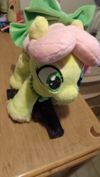 Size: 2160x3840 | Tagged: safe, artist:plushiesshy, posey bloom, earth pony, pony, g5, female, gun, handgun, irl, mare, photo, pistol, plushie, solo