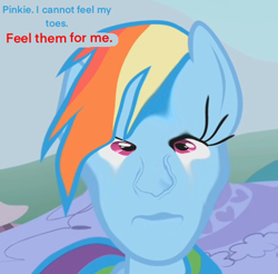 Size: 470x462 | Tagged: safe, edit, edited screencap, editor:humanponyman, screencap, rainbow dash, g4, 1000 hours in ms paint, abomination, cursed image, dialogue, huh, human face, human facial structure, implied feet, implied implying, implied pinkie pie, implied toes, not salmon, sigma male, solo, wat, what am i even looking at