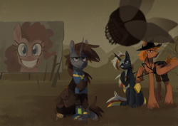 Size: 3158x2232 | Tagged: safe, artist:starry_llama, oc, oc only, oc:calamity, oc:littlepip, oc:velvet remedy, pegasus, pony, unicorn, fallout equestria, bag, battle saddle, clothes, fallout, female, grin, hat, horn, jumpsuit, looking at you, male, mare, medical saddlebag, ministry mares, ministry of morale, outdoors, pipbuck, poster, question mark, raised hoof, saddle bag, smiling, spritebot, trio, unamused, vault suit, weapon