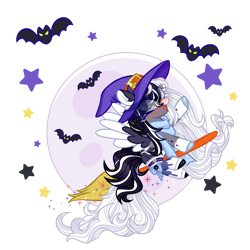 Size: 2500x2500 | Tagged: safe, artist:skye-the-ferret, oc, oc only, oc:oreo cream, bat, pegasus, pony, broom, clothes, colored wings, female, flying, flying broomstick, hat, horns, mare, moon, scarf, simple background, socks, solo, stars, transparent background, two toned wings, wings, witch hat