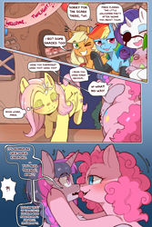 Size: 960x1440 | Tagged: safe, alternate version, artist:cold-blooded-twilight, applejack, fluttershy, pinkie pie, rainbow dash, rarity, spike, twilight sparkle, dragon, earth pony, pegasus, pony, unicorn, cold blooded twilight, comic:cold storm, g4, 3 panel comic, alternate design, apple, balloon, blushing, cake, chest fluff, clothes, colored eyelashes, comic, dialogue, exclamation point, eyebrows, eyebrows visible through hair, eyelashes, eyepatch, eyes closed, female, flower, flower in hair, food, freckles, glowing, glowing eyes, golden oaks library, holding a dragon, holding a spike, horn, hug, interrobang, leggings, lidded eyes, male, mane seven, mane six, mare, nose to nose, one eye closed, open mouth, pitcher, question mark, speech bubble, spikelove, wink
