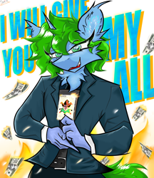 Size: 1900x2200 | Tagged: safe, artist:spirit-fireheart, oc, oc only, oc:tiny victory, unicorn, anthro, card, cheek fluff, clothes, ear fluff, fire, gloves, heart, horn, money, payday 2, smiling, solo, suit, text, title