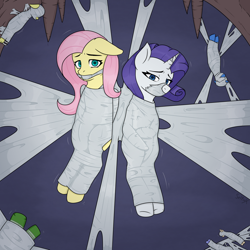 Size: 1500x1500 | Tagged: safe, artist:seltiox, fluttershy, rarity, pegasus, pony, unicorn, g4, bondage, bound and gagged, captured, caught, cocoon, digital art, duo focus, encasement, female, floppy ears, gag, horn, mummification, mummified, peril, restrained, spider web, web gag, wrapped up, wrapping