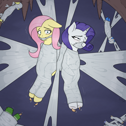 Size: 1500x1500 | Tagged: safe, alternate version, artist:seltiox, fluttershy, rarity, pegasus, pony, unicorn, g4, bondage, bound and gagged, captured, caught, cocoon, digital art, duo focus, encasement, feather, female, fetish, floppy ears, gag, horn, mummification, mummified, one eye closed, peril, restrained, shrunken pupils, spider web, tickle fetish, tickle torture, tickling, web gag, wrapped up, wrapping