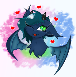 Size: 1805x1823 | Tagged: safe, artist:spirit-fireheart, oc, oc only, bat pony, pony, ;p, bat pony oc, bat wings, bust, chest fluff, ear fluff, fangs, female, happy, heart, horns, mare, one eye closed, portrait, smiling, solo, tongue out, wings, wink