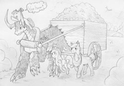 Size: 1100x761 | Tagged: safe, artist:siemensohm, apple bloom, applejack, big macintosh, oc, dragon, earth pony, pony, g4, apple, apple siblings, apple sisters, brother and sister, cart, female, filly, foal, food, grayscale, male, mare, monochrome, pencil drawing, pulling, siblings, sisters, speech bubble, stallion, traditional art, yeehaw