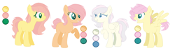 Size: 1432x440 | Tagged: safe, artist:selenaede, artist:trollertnt, oc, oc only, oc:butter shy, oc:cream, oc:fritter shy, oc:pheniox apple, earth pony, pegasus, pony, base used, color palette, female, half-siblings, mare, not fluttershy, offspring, parent:big macintosh, parent:braeburn, parent:bulk biceps, parent:double diamond, parent:fluttershy, parents:braeshy, parents:doubleflutter, parents:flutterbulk, parents:fluttermac, siblings, simple background, sisters, white background