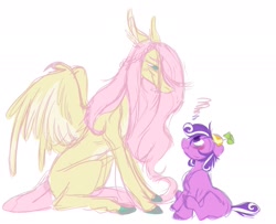 Size: 1529x1242 | Tagged: safe, artist:sparjechkaa, fluttershy, screwball, bat pony, g4, alternate universe, bat ponified, child, duo, duo female, female, flutterbat, headcanon, height difference, looking at each other, looking at someone, mother and child, mother and daughter, next generation, old art, parent:discord, parent:fluttershy, physique difference, race swap, simple background, sitting, size difference, slender, smiling, smirk, stepmother, thin, white background
