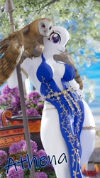 Size: 2160x3840 | Tagged: safe, artist:loveslove, barn owl, bird, owl, anthro, plantigrade anthro, 3d, absolute cleavage, athena, blender, breasts, cleavage, clothes, commission, greek clothes, greek mythology, not sfm, outdoors, solo, ych example, your character here