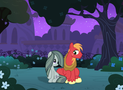 Size: 1024x744 | Tagged: artist needed, safe, anonymous artist, artist:shadowwolf, big macintosh, marble pie, earth pony, pony, g4, canterlot gardens, cute, dialogue in the description, duo, duo male and female, female, freckles, grand galloping gala, headcanon, headcanon in the description, looking at each other, looking at someone, male, marblebetes, mare, ship:marblemac, shipping, sitting, smiling, smiling at each other, stallion, straight