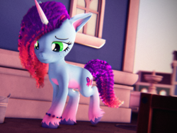 Size: 2880x2160 | Tagged: safe, artist:psfmer, misty brightdawn, pony, unicorn, g4, g5, 3d, bracelet, coat markings, colored hooves, female, freckles, friendship bracelet, g5 to g4, generation leap, hooves, horn, jewelry, looking down, mare, misty saddawn, rebirth misty, sad, socks (coat markings), solo, source filmmaker, unshorn fetlocks