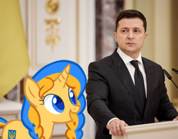 Size: 1088x853 | Tagged: safe, oc, oc only, oc:ukraine, human, pony, unicorn, blurry background, horn, irl, irl human, looking at someone, microphone, nation ponies, photo, ponified, president, smiling, ukraine, volodymyr zelensky