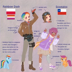 Size: 2048x2048 | Tagged: safe, artist:cryweas, rainbow dash, scootaloo, human, pegasus, pony, g4, alternate hairstyle, amputee, aviator goggles, backpack, bandaid, bandaid on nose, bandana, belt, bomber jacket, boots, brown background, chile, clothes, cookie, dark skin, denim, duo, duo female, ear piercing, earring, feather, female, filly, flight suit, foal, food, gloves, goggles, headcanon, helmet, humanized, jacket, jeans, jewelry, lesbian pride flag, mare, one eye closed, open mouth, pants, peace sign, piercing, pilot, poland, polish, pride, pride flag, prosthetic leg, prosthetic limb, prosthetics, reference sheet, ring, scarf, shoes, shorts, sneakers, socks, wall of tags, wink