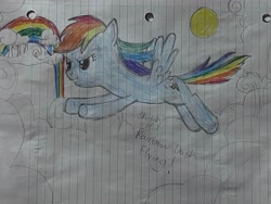 Size: 4032x3024 | Tagged: safe, artist:lnx1ynight16, rainbow dash, pegasus, pony, g4, cloud, cloudsdale, colored pencil drawing, flying, lined paper, notebook, partial color, rainbow, sketch, sky, smiling, solo, sun, traditional art, unfinished art, writing