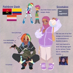 Size: 2048x2048 | Tagged: safe, artist:cryweas, rainbow dash, scootaloo, human, equestria girls, g4, :p, alternate hairstyle, alternate universe, angola, backpack, ball, bandaid, bandaid on nose, boots, brown background, clothes, columbia, dark skin, dreadlocks, duo, duo female, eyebrow piercing, female, fingerless gloves, gloves, grin, headcanon, hijab, humanized, implied flutterdash, implied fluttershy, implied lesbian, implied shipping, inside out, inside out 2, islam, jacket, lesbian pride flag, open mouth, pants, piercing, pride, pride flag, rainbow socks, reference sheet, shirt, shoes, shorts, skirt, smiling, sneakers, socks, sports, striped socks, sweatpants, tongue out, tongue piercing, volleyball, wall of tags