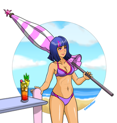 Size: 2839x2995 | Tagged: safe, artist:carpdime, twilight sparkle, human, g4, abs, beach, beach umbrella, belly, belly button, bikini, breasts, cleavage, clothes, drink, female, humanized, solo, summer, swimsuit, umbrella