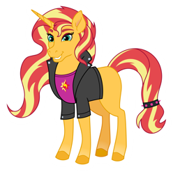 Size: 5160x5211 | Tagged: safe, artist:emeraldblast63, sunset shimmer, horse, unicorn, g4, clothes, crossover, female, grin, horn, jacket, leather, leather jacket, mare, shirt, simple background, smiling, solo, t-shirt, transparent background, unshorn fetlocks, wild manes, wild manesified