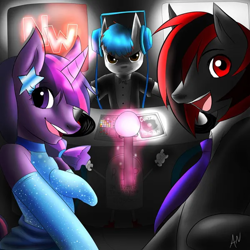 Size: 600x600 | Tagged: safe, artist:askheroichamburger, twilight sparkle, oc, oc:the living tombstone, pony, unicorn, semi-anthro, g4, 2012, artifact, clothes, dj booth, dress, horn, looking at you, necktie, smiling, song cover, unicorn twilight