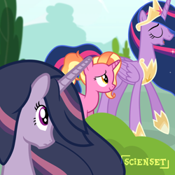 Size: 1280x1280 | Tagged: safe, artist:scienset, edit, edited screencap, screencap, luster dawn, mean twilight sparkle, twilight sparkle, alicorn, pony, unicorn, g4, crown, female, hoof shoes, horn, jewelry, mare, older, older twilight, older twilight sparkle (alicorn), peytral, princess shoes, princess twilight 2.0, regalia, trio, trio female, twilight sparkle (alicorn)