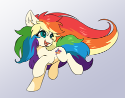 Size: 973x768 | Tagged: safe, artist:mystalker, oc, oc only, oc:sweetheart, pony, unicorn, ear fluff, female, gradient background, happy, hidden horn, horn, multicolored hair, open mouth, open smile, rainbow, rainbow hair, smiling, solo, teal eyes, witch