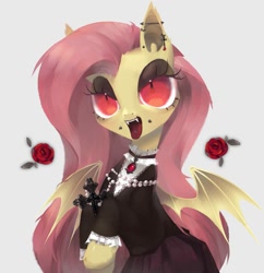 Size: 1939x2000 | Tagged: safe, artist:ex6er, fluttershy, bat pony, pony, g4, bat ponified, cheek piercing, cross, cross necklace, ear piercing, earring, fangs, female, flower, flutterbat, fluttergoth, jewelry, mare, necklace, open mouth, open smile, piercing, race swap, rose, simple background, smiling, solo, tongue piercing, white background