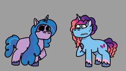 Size: 1280x720 | Tagged: safe, artist:josephthedumbimpostor, izzy moonbow, misty brightdawn, pony, unicorn, g5, duo, duo female, female, friday night funkin', gray background, horn, simple background