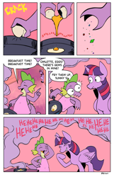 Size: 3840x5966 | Tagged: safe, artist:balileart, spike, twilight sparkle, alicorn, dragon, pony, g4, apron, caught, clothes, comic, cute, dialogue, dork, duo, duo male and female, egg (food), emanata, embarrassed, female, food, frying pan, laughing, male, mare, speech bubble, spikabetes, twiabetes, twilight sparkle (alicorn), wingless spike