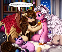 Size: 3189x2709 | Tagged: safe, artist:pridark, oc, oc only, oc:bipen, pegasus, pony, bed, blushing, book, bookshelf, chest fluff, collar, duo, female, fluffy, mare, pegasus oc, plushie, pokémon, speech bubble