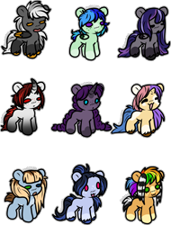 Size: 2310x3038 | Tagged: safe, artist:sexygoatgod, oc, oc only, oc:banana berries, oc:curly blue, oc:green leave, oc:grey mane, oc:grey shine, oc:little blue, oc:orange feather, oc:purple starshine, oc:red hearties, earth pony, pegasus, pony, unicorn, adoptable, chibi, female, group, horn, simple background, transparent background