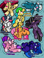 Size: 1990x2605 | Tagged: safe, artist:sexygoatgod, oc, oc only, oc:blueberry pop, oc:daydream light, oc:lychee breeze, oc:popping candy, oc:pumpkin prowl, oc:rose feather, oc:tulip twinkle, oc:winter cloud, earth pony, pegasus, pony, unicorn, adoptable, chibi, female, group, horn, pool toy, swimming pool