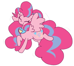 Size: 1370x1232 | Tagged: safe, artist:gravity1037, pinkie pie, pegasus, pony, g4, alternate cutie mark, alternate hair color, alternate mane color, alternate tail color, big mane, big tail, cute, diapinkes, emanata, eyes closed, female, flapping wings, flying, heart, horse collar, mare, pegasus pinkie pie, peytral, race swap, simple background, smiling, solo, spread wings, striped mane, striped tail, tail, white background, wings