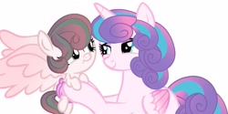 Size: 1265x630 | Tagged: safe, artist:ameliastars2308, princess flurry heart, oc, oc:crystal shower, alicorn, pegasus, pony, g4, baby, baby pony, base used, duo, duo female, female, filly, foal, mare, mother and child, mother and daughter, offspring, older, older flurry heart, parent:pound cake, parent:princess flurry heart, parents:poundflurry, simple background, white background