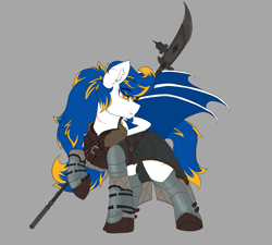 Size: 2201x1977 | Tagged: safe, artist:anonymous, oc, oc only, oc:glaive, bat pony, pony, armor, dark souls, glaive, gray background, polearm, scar, simple background, solo, weapon