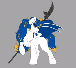 Size: 2201x1977 | Tagged: safe, artist:anonymous, oc, oc only, oc:glaive, bat pony, pony, glaive, gray background, polearm, scar, simple background, solo, weapon