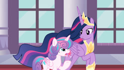 Size: 1192x670 | Tagged: safe, artist:ameliastars2308, princess flurry heart, twilight sparkle, alicorn, pony, g4, aunt and niece, canterlot castle interior, concave belly, duo, duo female, female, height difference, indoors, looking at each other, looking at someone, older, older twilight, older twilight sparkle (alicorn), open mouth, physique difference, princess twilight 2.0, raised hoof, show accurate, slender, thin, twilight sparkle (alicorn), window