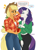 Size: 1618x2277 | Tagged: safe, artist:darunyama, applejack, rarity, earth pony, unicorn, anthro, g4, apple, applejack's hat, clothes, cowboy hat, dialogue, duo, duo female, ear piercing, female, flannel shirt, food, freckles, hat, horn, jewelry, lesbian, looking at each other, looking at someone, necklace, pants, piercing, ship:rarijack, shipping, shirt, simple background, smiling, smiling at each other, white background