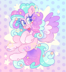 Size: 1935x2104 | Tagged: safe, artist:bishopony, oc, oc only, oc:sugar rush, pegasus, pony, g4, abstract background, artfight, blush scribble, blushing, colored wings, colored wingtips, curly mane, curly tail, cute, eyeshadow, female, flying, gift art, gradient background, high res, hoof fluff, long eyelashes, looking away, makeup, mare, multicolored hair, multicolored mane, multicolored tail, multicolored wings, ocbetes, offspring, parent:princess celestia, parent:unknown, patterned background, ponysona, smiling, solo, sparkly mane, sparkly tail, spread wings, starry eyes, stars, stars in mane, tail, tongue out, underhoof, wall of tags, wingding eyes, wings