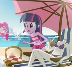 Size: 801x751 | Tagged: safe, artist:bluse, edit, pinkie pie, rainbow dash, rarity, twilight sparkle, equestria girls, g4, basket, beach chair, beach umbrella, bikini, breasts, chair, clothes, headless, headless edit, ocean, photo, picnic basket, splash, swimsuit, water