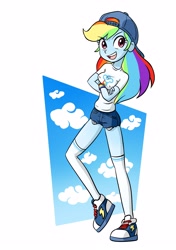 Size: 2162x3070 | Tagged: safe, artist:uotsda, human, equestria girls, g4, backwards ballcap, baseball cap, breasts, cap, clothes, erect nipples, female, hat, high res, legs, open mouth, open smile, pants, raised leg, simple background, smiling, socks, solo, thigh highs, thigh socks, white background