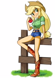 Size: 2162x3070 | Tagged: safe, artist:uotsda, applejack, human, equestria girls, g4, apple, belly, belly button, boots, breasts, clothes, cute, erect nipples, female, fence, food, front knot midriff, high res, jackabetes, legs, midriff, pants, shoes, simple background, smiling, solo, white background