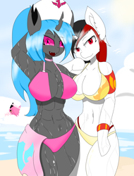 Size: 2591x3402 | Tagged: safe, artist:mairiathus, oc, oc:red rocket, oc:skytia, changeling, unicorn, anthro, abs, beach, bikini, breasts, clothes, horn, muscles, ocean, purple eyes, red eyes, sky, smiling, swimsuit, water